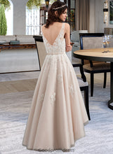 Load image into Gallery viewer, Paisley A-Line V-neck Asymmetrical Tulle Lace Wedding Dress With Bow(s) HDOP0013717