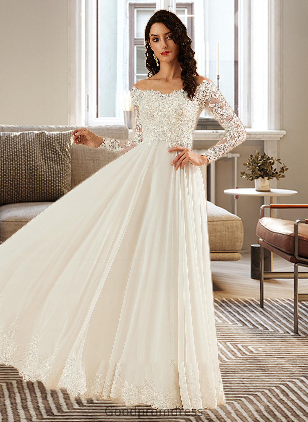 Monique A-Line Off-the-Shoulder Sweep Train Wedding Dress With Lace HDOP0013734