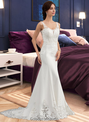 Alaina Trumpet/Mermaid V-neck Court Train Lace Stretch Crepe Wedding Dress With Sequins HDOP0013738