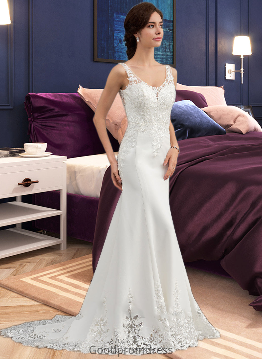 Alaina Trumpet/Mermaid V-neck Court Train Lace Stretch Crepe Wedding Dress With Sequins HDOP0013738