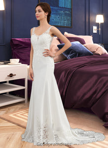 Alaina Trumpet/Mermaid V-neck Court Train Lace Stretch Crepe Wedding Dress With Sequins HDOP0013738