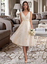 Load image into Gallery viewer, Jadyn A-Line V-neck Knee-Length Lace Wedding Dress With Bow(s) HDOP0013739