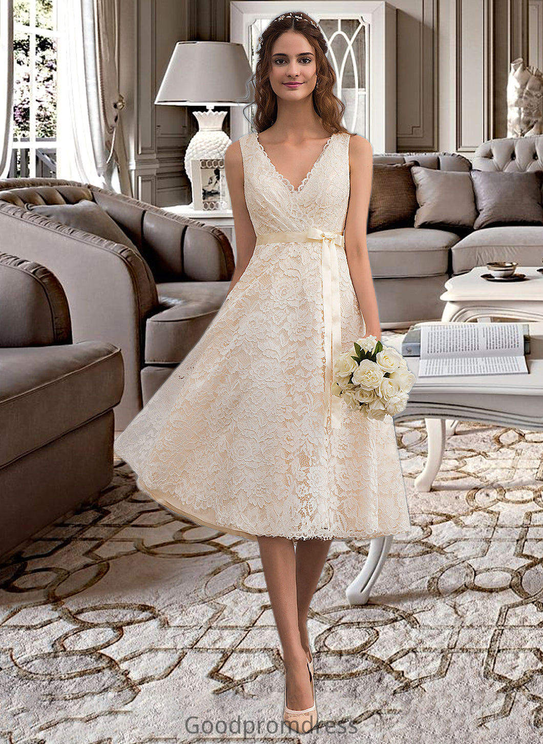 Jadyn A-Line V-neck Knee-Length Lace Wedding Dress With Bow(s) HDOP0013739