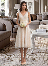 Load image into Gallery viewer, Jadyn A-Line V-neck Knee-Length Lace Wedding Dress With Bow(s) HDOP0013739