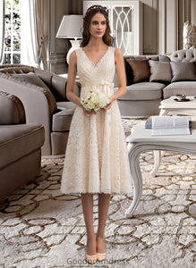 Jadyn A-Line V-neck Knee-Length Lace Wedding Dress With Bow(s) HDOP0013739