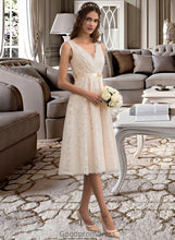 Load image into Gallery viewer, Jadyn A-Line V-neck Knee-Length Lace Wedding Dress With Bow(s) HDOP0013739