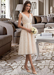 Jadyn A-Line V-neck Knee-Length Lace Wedding Dress With Bow(s) HDOP0013739