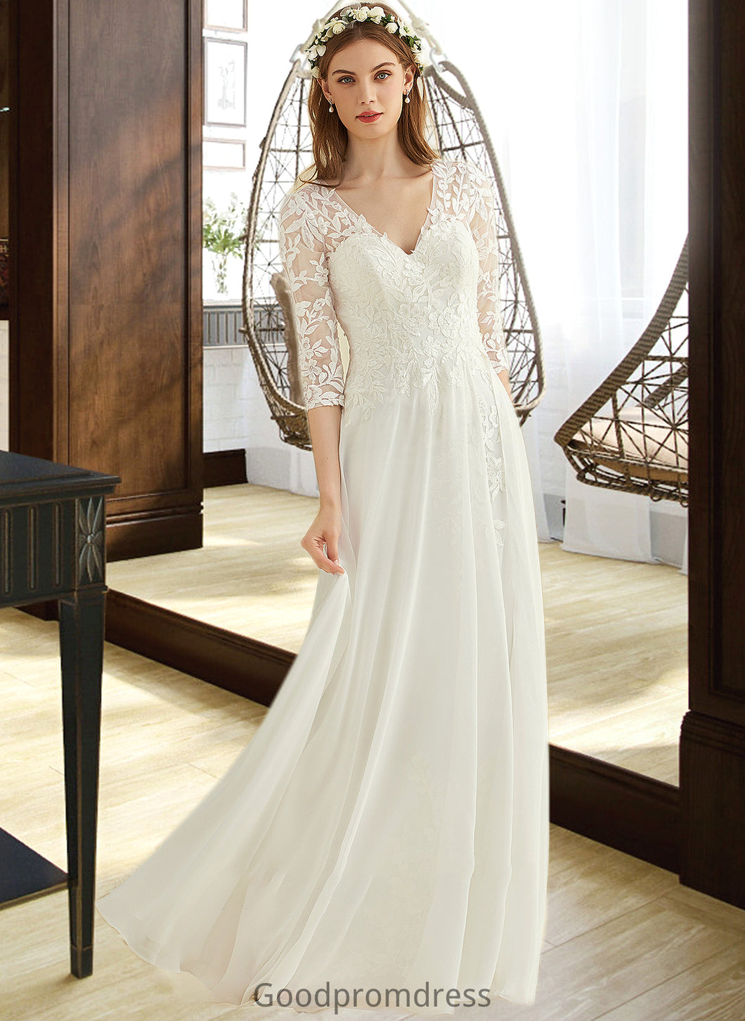 Lilith A-Line V-neck Floor-Length Chiffon Lace Wedding Dress HDOP0013745