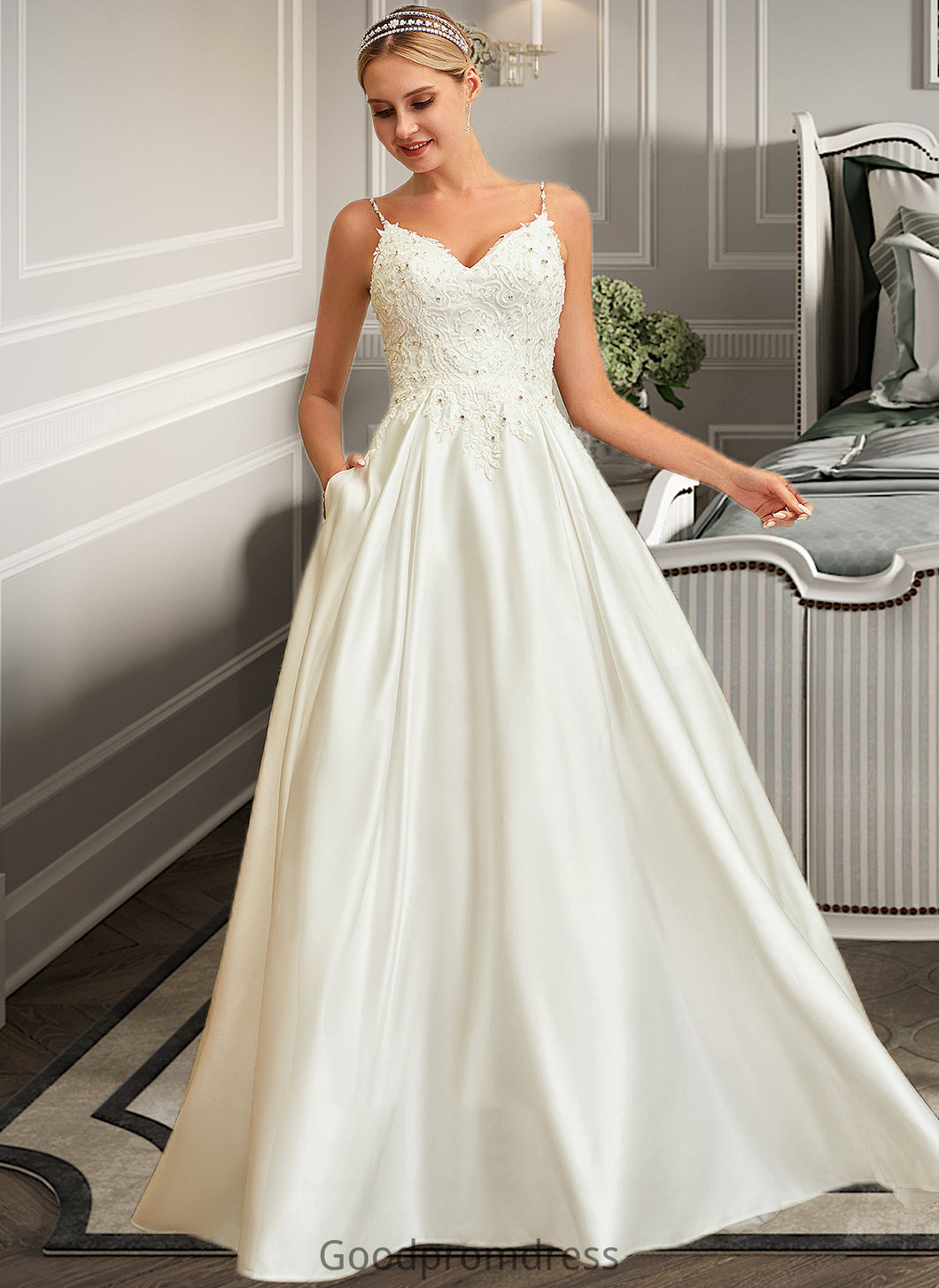 Yvonne Ball-Gown/Princess V-neck Sweep Train Satin Lace Wedding Dress With Lace Beading Sequins Pockets HDOP0013771