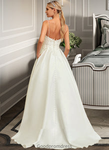 Yvonne Ball-Gown/Princess V-neck Sweep Train Satin Lace Wedding Dress With Lace Beading Sequins Pockets HDOP0013771