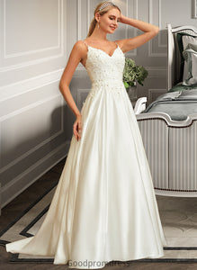 Yvonne Ball-Gown/Princess V-neck Sweep Train Satin Lace Wedding Dress With Lace Beading Sequins Pockets HDOP0013771