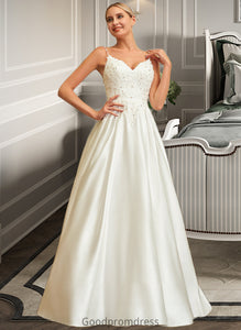 Yvonne Ball-Gown/Princess V-neck Sweep Train Satin Lace Wedding Dress With Lace Beading Sequins Pockets HDOP0013771