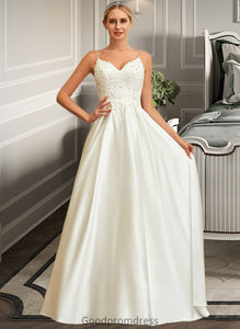 Yvonne Ball-Gown/Princess V-neck Sweep Train Satin Lace Wedding Dress With Lace Beading Sequins Pockets HDOP0013771