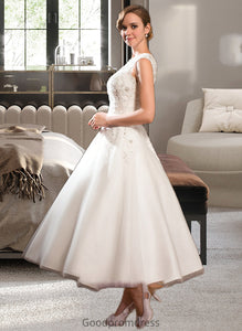 Karli Ball-Gown/Princess Scoop Neck Tea-Length Tulle Lace Wedding Dress With Beading Sequins HDOP0013773