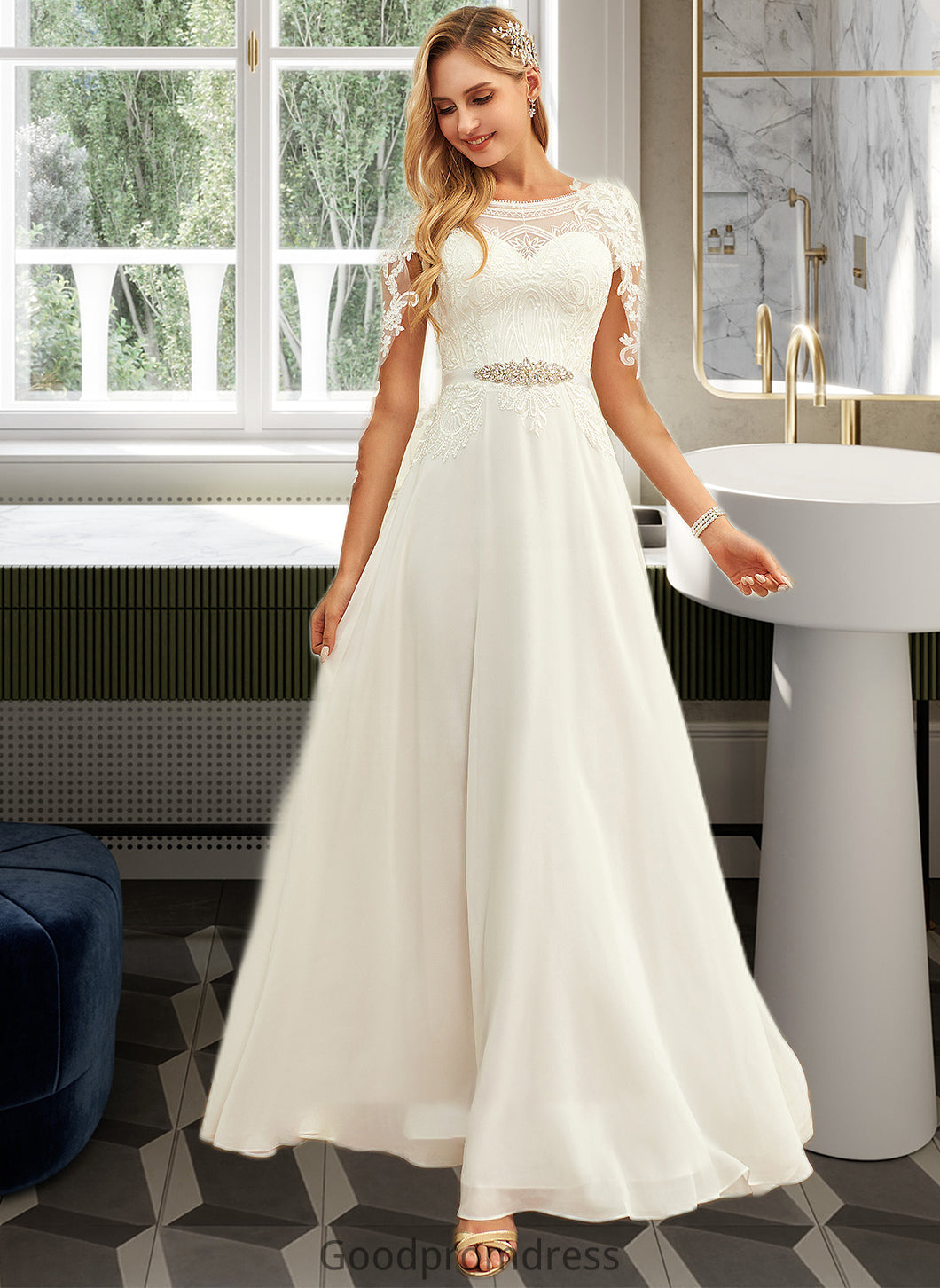 Belen A-Line Scoop Neck Floor-Length Chiffon Lace Wedding Dress With Sequins HDOP0013775