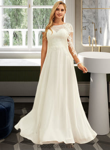 Belen A-Line Scoop Neck Floor-Length Chiffon Lace Wedding Dress With Sequins HDOP0013775