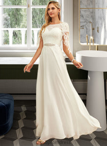 Belen A-Line Scoop Neck Floor-Length Chiffon Lace Wedding Dress With Sequins HDOP0013775