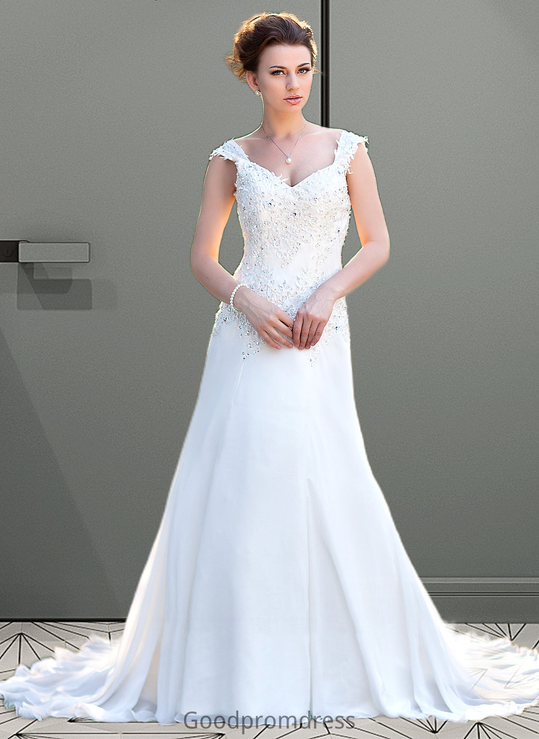 Carina A-Line V-neck Court Train Chiffon Wedding Dress With Lace Beading Sequins HDOP0013776