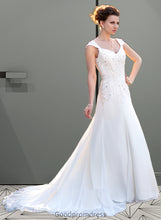 Load image into Gallery viewer, Carina A-Line V-neck Court Train Chiffon Wedding Dress With Lace Beading Sequins HDOP0013776