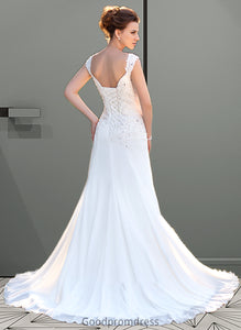 Carina A-Line V-neck Court Train Chiffon Wedding Dress With Lace Beading Sequins HDOP0013776