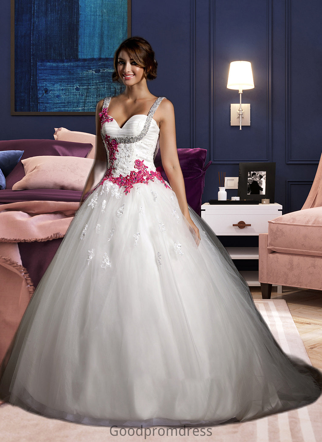 Jo Ball-Gown/Princess Sweetheart Chapel Train Tulle Wedding Dress With Ruffle Appliques Lace Bow(s) HDOP0013780