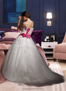 Jo Ball-Gown/Princess Sweetheart Chapel Train Tulle Wedding Dress With Ruffle Appliques Lace Bow(s) HDOP0013780