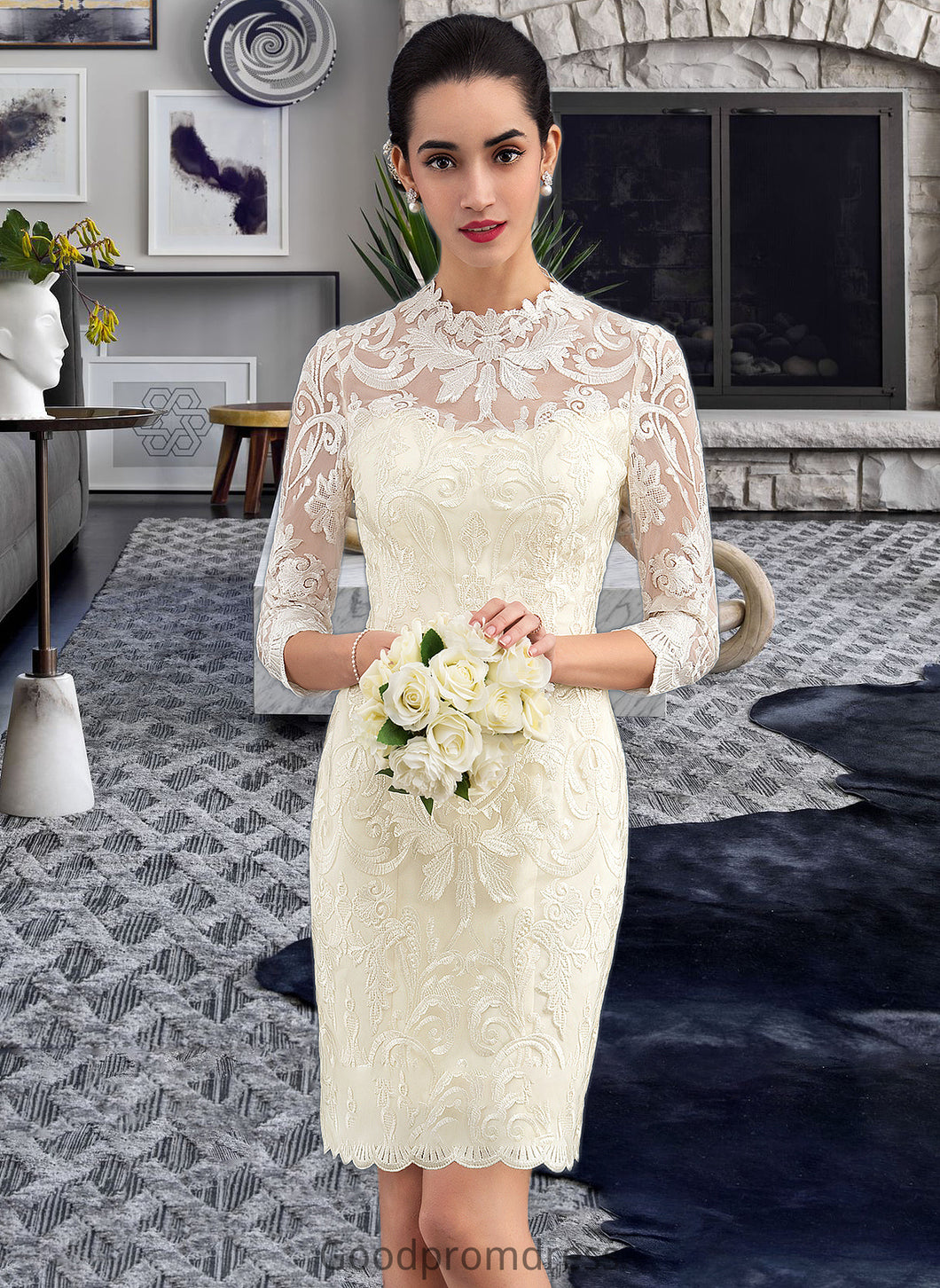 Sonia Sheath/Column High Neck Knee-Length Lace Wedding Dress HDOP0013781