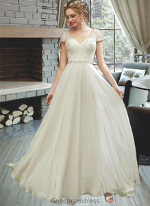 Aracely A-Line V-neck Floor-Length Wedding Dress With Lace Beading Sequins HDOP0013784