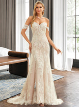 Load image into Gallery viewer, Lorelai Trumpet/Mermaid Off-the-Shoulder Court Train Tulle Lace Wedding Dress HDOP0013789