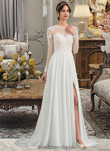 Kimora A-Line Illusion Sweep Train Chiffon Wedding Dress With Appliques Lace Split Front HDOP0013793