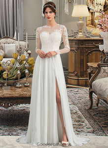 Kimora A-Line Illusion Sweep Train Chiffon Wedding Dress With Appliques Lace Split Front HDOP0013793