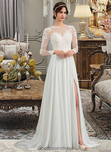 Kimora A-Line Illusion Sweep Train Chiffon Wedding Dress With Appliques Lace Split Front HDOP0013793