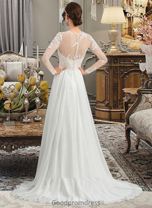 Kimora A-Line Illusion Sweep Train Chiffon Wedding Dress With Appliques Lace Split Front HDOP0013793