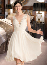 Load image into Gallery viewer, Lois A-Line V-neck Knee-Length Chiffon Lace Wedding Dress With Ruffle HDOP0013794