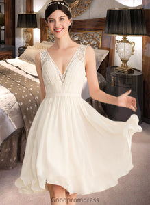 Lois A-Line V-neck Knee-Length Chiffon Lace Wedding Dress With Ruffle HDOP0013794