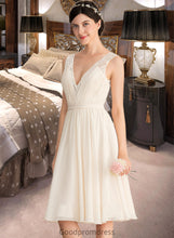 Load image into Gallery viewer, Lois A-Line V-neck Knee-Length Chiffon Lace Wedding Dress With Ruffle HDOP0013794