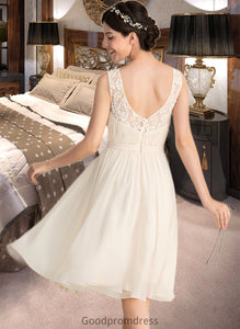 Lois A-Line V-neck Knee-Length Chiffon Lace Wedding Dress With Ruffle HDOP0013794