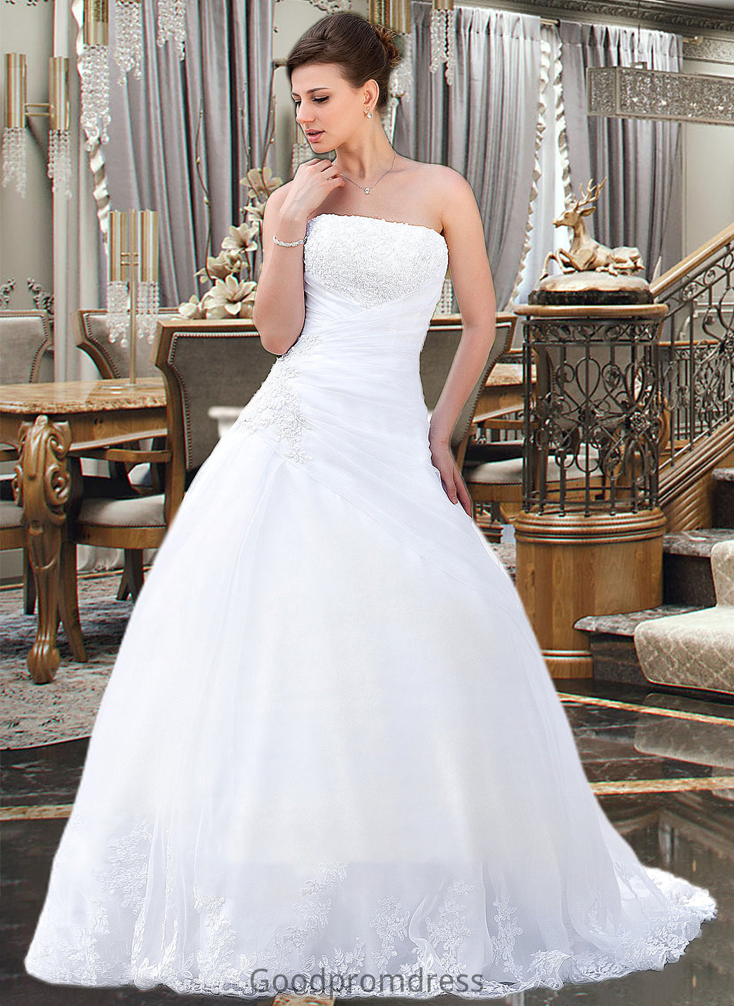 Jaylee Ball-Gown/Princess Strapless Chapel Train Satin Organza Wedding Dress With Lace Beading HDOP0013796