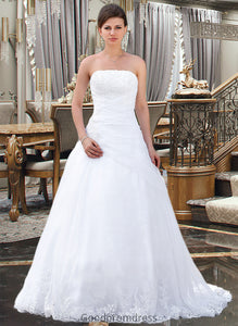 Jaylee Ball-Gown/Princess Strapless Chapel Train Satin Organza Wedding Dress With Lace Beading HDOP0013796