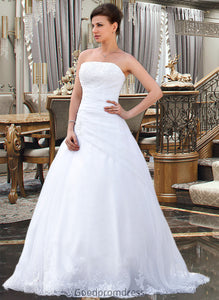 Jaylee Ball-Gown/Princess Strapless Chapel Train Satin Organza Wedding Dress With Lace Beading HDOP0013796