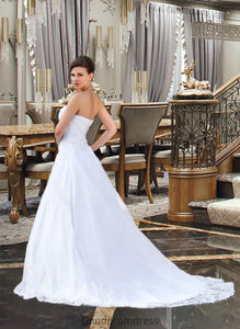 Jaylee Ball-Gown/Princess Strapless Chapel Train Satin Organza Wedding Dress With Lace Beading HDOP0013796