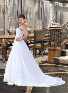 Jaylee Ball-Gown/Princess Strapless Chapel Train Satin Organza Wedding Dress With Lace Beading HDOP0013796