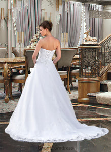 Jaylee Ball-Gown/Princess Strapless Chapel Train Satin Organza Wedding Dress With Lace Beading HDOP0013796