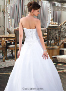 Jaylee Ball-Gown/Princess Strapless Chapel Train Satin Organza Wedding Dress With Lace Beading HDOP0013796