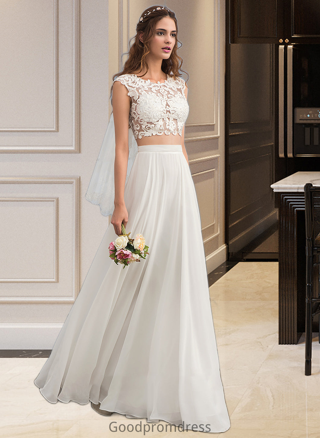 Clare A-Line Scoop Neck Floor-Length Chiffon Wedding Dress With Beading Sequins HDOP0013799