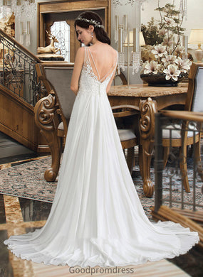 Elaine A-Line V-neck Sweep Train Chiffon Wedding Dress With Beading Sequins Split Front HDOP0013806