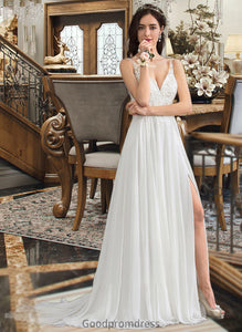 Elaine A-Line V-neck Sweep Train Chiffon Wedding Dress With Beading Sequins Split Front HDOP0013806