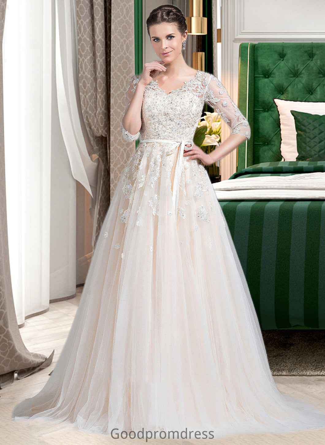 Andrea Ball-Gown/Princess V-neck Court Train Tulle Wedding Dress With Beading Appliques Lace Sequins Bow(s) HDOP0013809