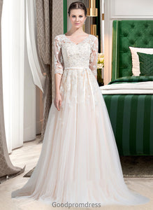 Andrea Ball-Gown/Princess V-neck Court Train Tulle Wedding Dress With Beading Appliques Lace Sequins Bow(s) HDOP0013809