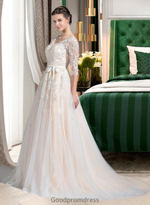 Andrea Ball-Gown/Princess V-neck Court Train Tulle Wedding Dress With Beading Appliques Lace Sequins Bow(s) HDOP0013809